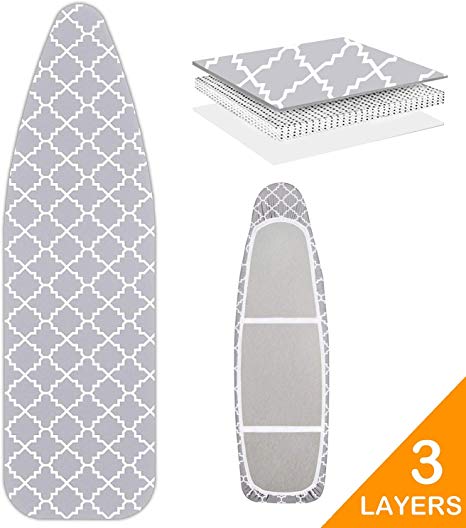 WISHOP Scorch Resistance Ironing Board Cover and Pad Resists Scorching and Staining with Elastic Edge Heavy Duty Thick Ironing Padding Standard Size 15"x54" Cotton Ironing Board Covers