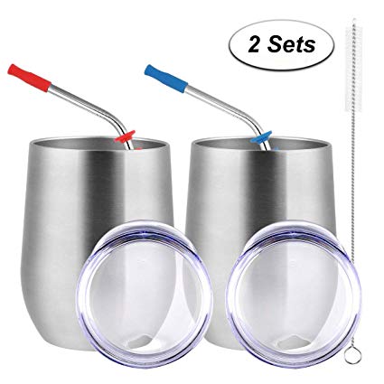 12 oz Double-insulated Stemless Wine Glass Tumbler, Stainless Steel Vacuum Insulated Tumbler Cup with Lids Straws, Straws Holder and Cleaner, 2 Sets