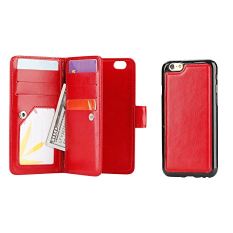 Nuo Peng 2 in 1 Protective Folio Flip Iphone Wallet Case with Magnetic Detachable Slim Back Cover for Iphone 6/6S (Red)