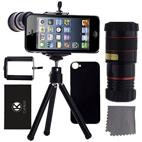 CamKix iPhone SE / 5S / 5 Camera Lens Kit - 8x Telephoto Lens / Mini Tripod / Universal Phone Holder / Hard Case