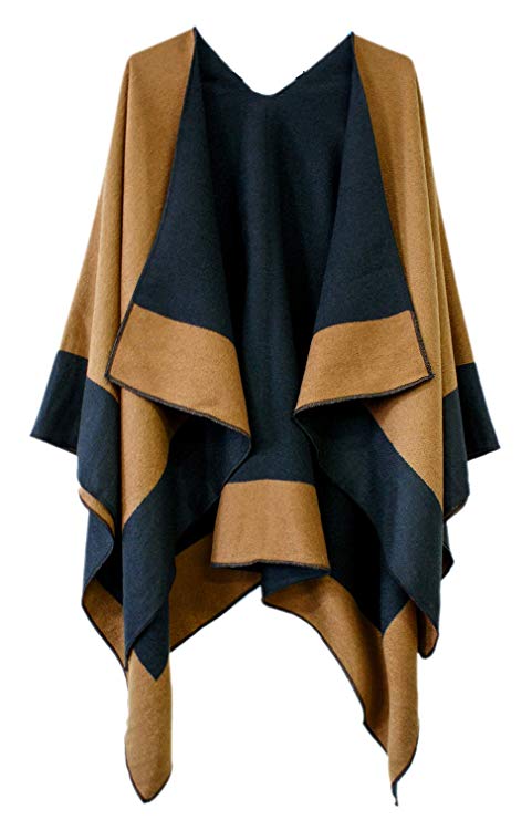 Women's Color Block Reversible Wrap Shawl Poncho Cape