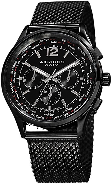 Akribos XXIV Men's AK716BK Explorer Swiss Multifunction Black Stainless Steel Mesh Bracelet Watch