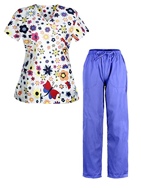 G Med Women's Printed Mock Wrap Top and Pant 2 PC Scrub Set