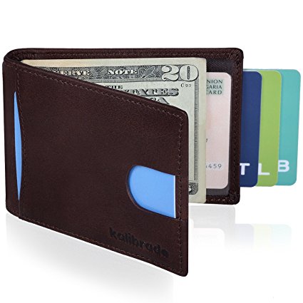 Kalibrado Bifold RFID Blocking Genuine Leather Wallet for Men With Thin Minimalist Design - Slim Front Pocket Profile With Money Clip Made of Full Grain Leather