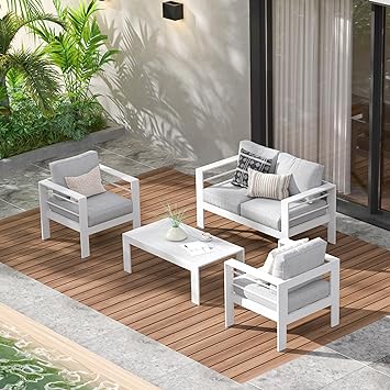 Wisteria Lane Outdoor Patio Furniture Set, 4 Pieces Aluminum Sectional Sofa, Metal Patio Conversation Set with Loveseat, 5 Inch Light Grey Cushion and Coffee Table (White & Light Grey)