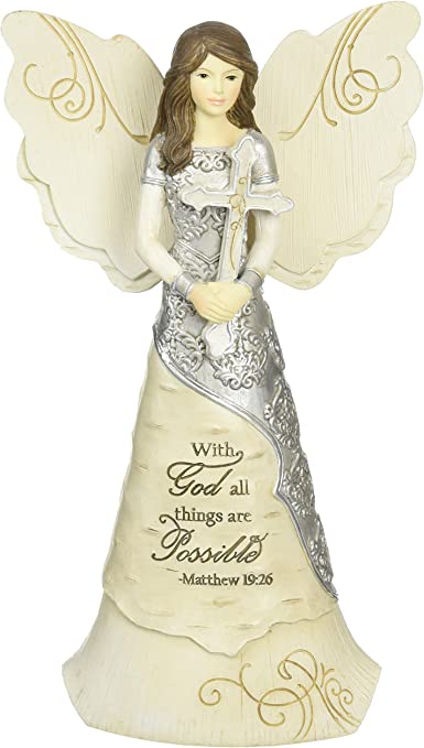 Elements Faith Angel Figurine by Pavilion, 6-1/2-Inch, Holding Cross, Inscription with God All Things are Possible