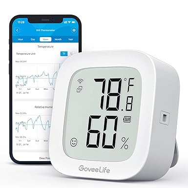 GoveeLife WiFi Thermometer Hygrometer H5103, Indoor Bluetooth Temperature Humidity Sensor with Electronic Ink Display, App Notification Alert, Free Data Storage Export, Digital Remote Monitor for Bedroom