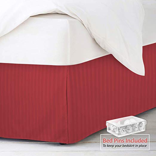 Nestl Bedding Pleated Bed Skirt - Damask Dobby Stripe Bed Skirt - Luxury Microfiber Dust Ruffle - 14” Tailored Drop - Bonus Bed Skirt Pins Set of 8 Included - Queen, Burgundy