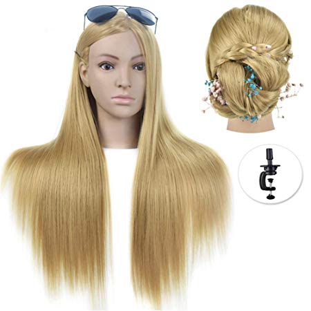 28" Super Long Cosmetology Mannequin Manikin Synthetic Fiber Training Head Doll Head with Free Clamp (brown)