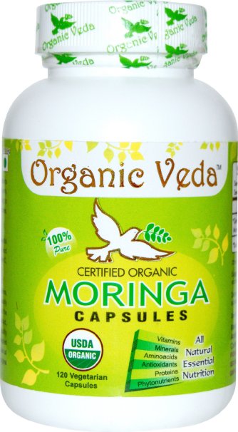 Organic Moringa Powder 120 Veg Capsules 100 Pure and Natural Raw Herbal Dietary Super Food Supplement Non GMO Gluten FREE US FDA Registered Facility Kosher Certified Vegetarian Capsule All Natural