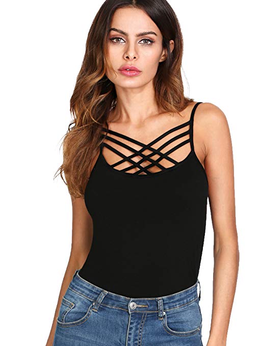 Romwe Women's Summer Spaghetti Strap Sexy Criss Cross Cami Tank Top