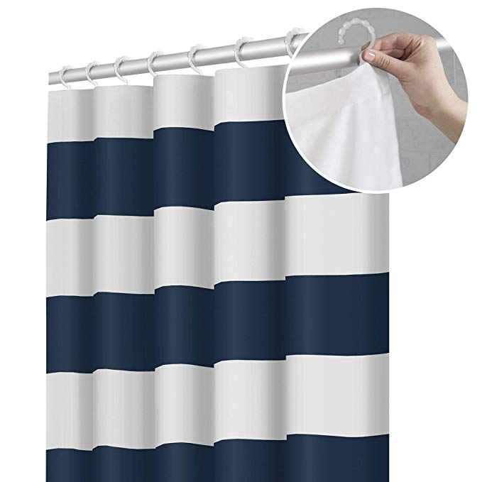 Maytex Smart Porter Stripe Fabric Shower Curtain with Attached Roller Glide Hooks, 70 inch x 72 inch, Indigo Blue