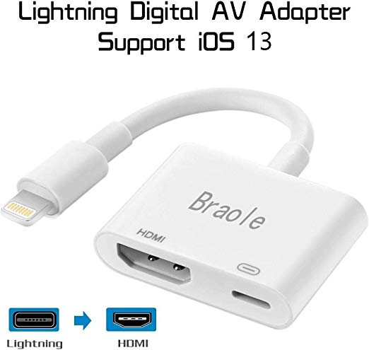 Compatible with iPad iPhone to HDMI Adapter Cable, Braole Connector, Digital AV Adapter Support 1080P HDTV Converter Compatible with iPhone Xs MAX XR X 8 7 6Plus iPad to TV Projector Monitor (White)