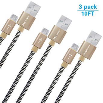 Mopower Micro USB Cable,3 Pack 10FT Long Nylon Braided High Speed USB 2.0 to Micro USB Charging Cable Android Charger Cord for Samsung Galaxy S7 S6 S4 Note 5 4 3,HTC,LG (Gold Black)