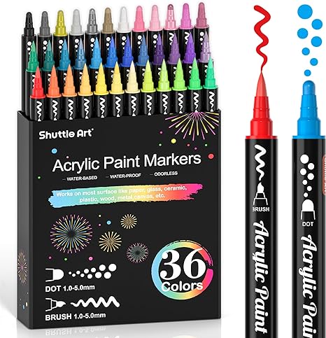 Shuttle Art 36 Colors Dual Tip Acrylic Paint Markers, Brush Tip and Dot Tip Acrylic Paint Pens for Rock Painting, Ceramic, Wood, Canvas, Plastic, Glass, Stone, Calligraphy, Card Making, DIY Crafts