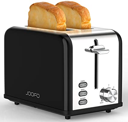JOOFO Toaster 2 Slice Stainless Steel, 6 Shade Settings Extra-Wide Slot Toaster with Bagel, Cancel, Defrost, Reheat Function Removable Crumb Tray, Black