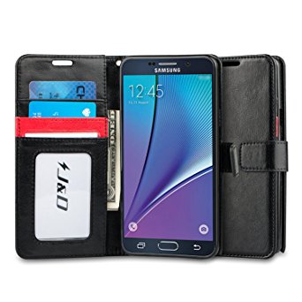 Galaxy Note 5 Case, J&D [Stand View] Samsung Galaxy Note 5 Wallet Case [Slim Fit] [Stand Feature] Premium Protective Case Wallet Leather Case for Samsung Galaxy Note 5 (Black Red)