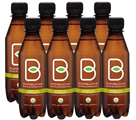 B-tea Kombucha Raw Organic Tea, Only 2g of Sugar, Probiotics & Prebiotic, Kosher, Pack of 8x8 oz. (B-tea Lemon Balm Green Tea)