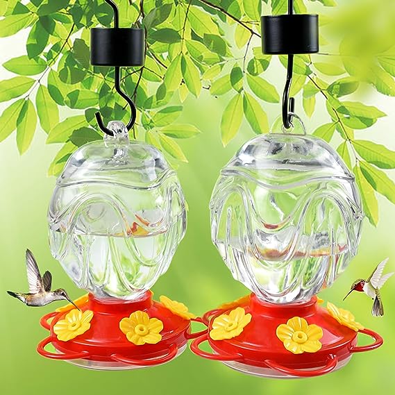 JALAMWANG Glass Hummingbird Feeders for Outdoors Hanging 15 oz Sealed and Leak- Proof Easy to Clean and Fill Containing Ant Moat, for Attract Hummingbird (Pack of 2, Clear)