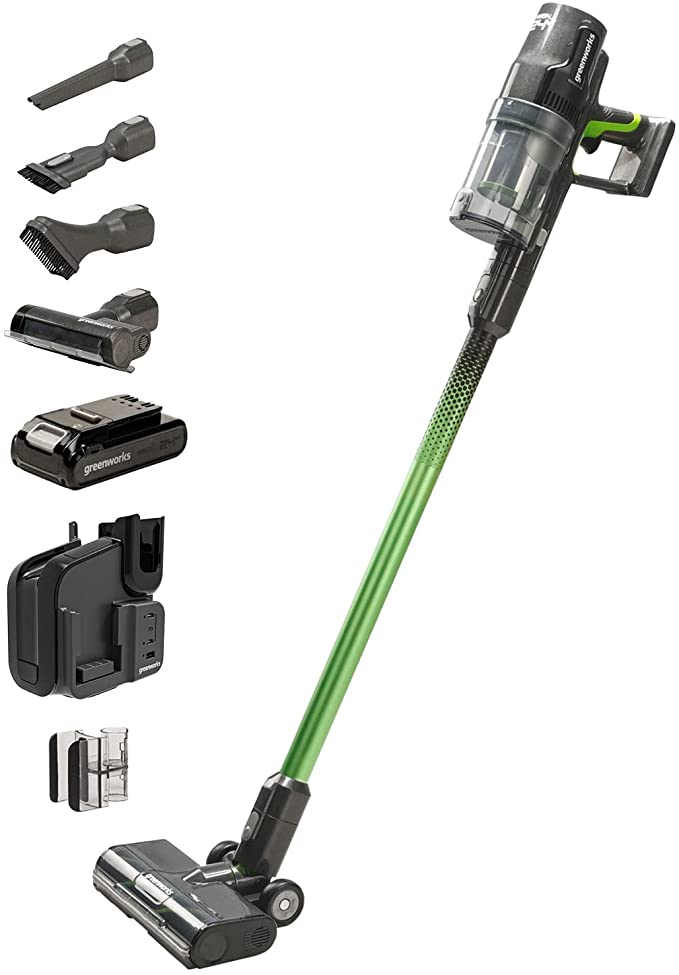 Greenworks 24V Brushless (500W) Cordless Stick Vacuum, Ultra Lightweight, LED Lights, 4Ah USB-C Battery and 30-Minute Super Charger Included (Green)