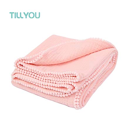 TILLYOU 100% Soft Cotton Muslin Swaddle Blanket with Pom Pom, 44”x44” Large - Fits Toddler Bed/Baby Crib/Newborn Stroller, Breathable Thermal Security Blanket for Receiving, Swaddling, Sleeping, Pink