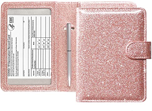 ACdream Passport and Vaccine Card Holder Combo, Cover Case with CDC Vaccination Card Slot, Leather Travel Documents Organizer Protector, with RFID Blocking, for Women and Men, Glitter Rose