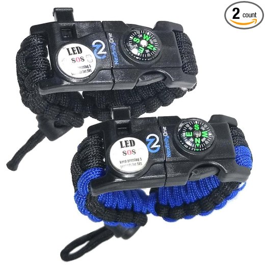 Survival Paracord Bracelet with SOS LED Light! Adjustable 550 grade includes Firestarter, Compass, Rescue Whistle and compact Multitool - 2 PACK