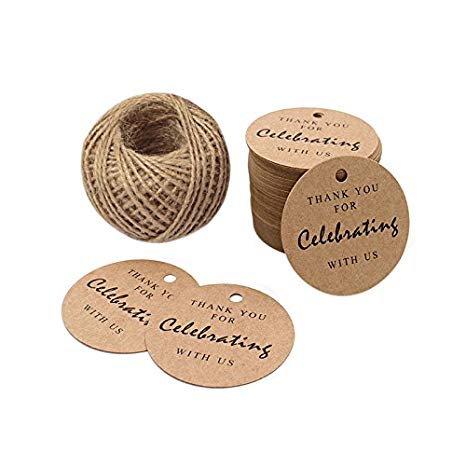 Paper Gift Tags,Thank You for Celebrating with Us,Kraft Thank You Tags 100 Pcs 5.5cm for Wedding Party Favors,Baby Shower Tags,Gifts with 100 Feet Natural Jute Twine