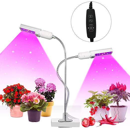 50W Plant Grow Light for Indoor Plants Red/Blue/White Full Spectrum LED Grow Lamp, Dual Head Adjustable Replaceable Bulbs Succulent UV Light Growth Lamp Flowering (with Dimmer & Auto Timer)