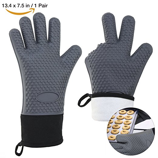 Silicone BBQ Gloves Heat Resistant Oven Mitt Non-Slip Potholders Internal Protective Cotton Layer (Gray)