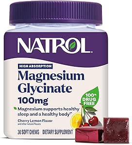 Natrol Magnesium Glycinate Supplements 100mg, Cherry Lemon Soft Chews for Healthy Sleep and Body, Magnesium Glycinate 100mg, Up to a 30 Day Supply