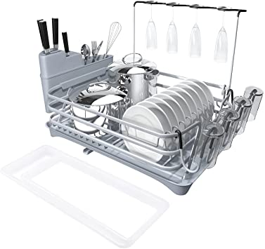 Aluminum Dish Drying Rack Compact Rustproof Dish Rack and Drainboard Set with Removable Cutlery and Cup Holder (Grey)