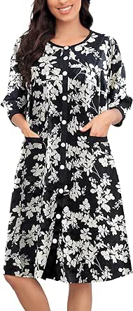 Bloggerlove Women House Dress Snap Front Nightgown 3/4 Sleeve Housecoat Duster Robe with Pockets Moomoo Patio Dress