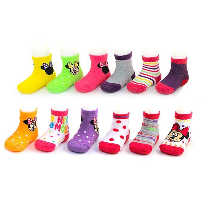 Disney Baby Girls Minnie Mouse Character Assorted Color 12 Pair Socks Set, Multi-Color, Age 0-24 Months