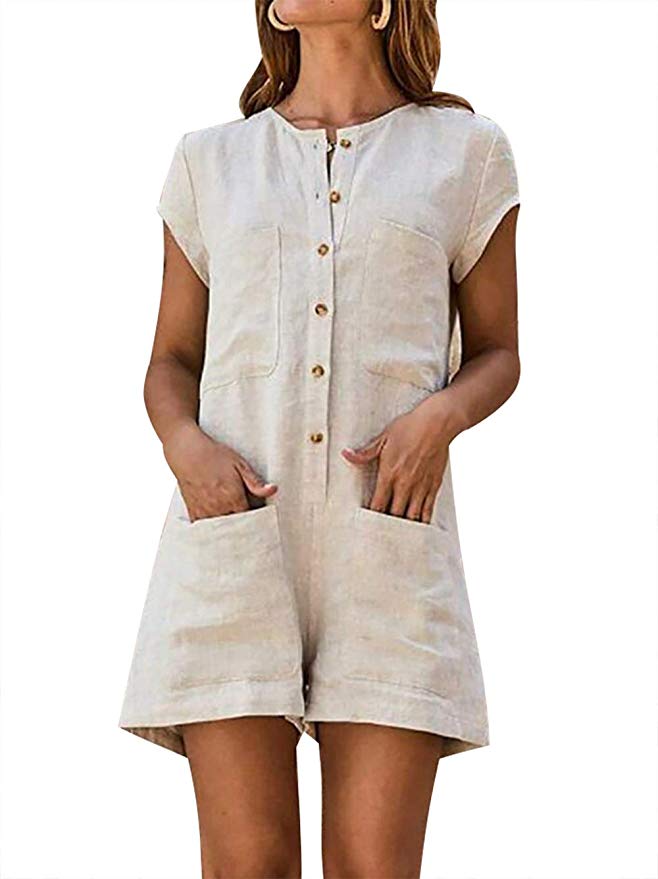 FLOYU Button Down Romper Women Solid Color Short Sleeve Casual Summer Short Jumpsuit with Pockets