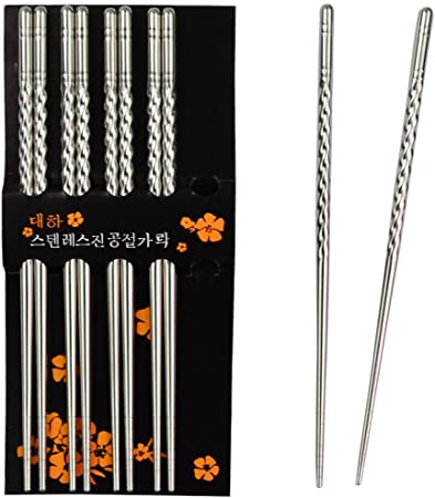 Rbenxia Metal Steel Chopstick Stainless Steel Spiral Chopsticks 8.8 Inches Long Lightweight Chopstick Set Reusable Classic Style for Kitchen Dinner 5 Pairs Silver