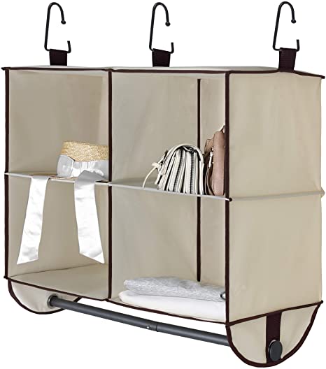 StorageWorks Hanging Closet Organizer with Garment Rod, 4 Section Closet Hanging Shelves, Canvas, Beige, 24”W x 12”D x 19”H