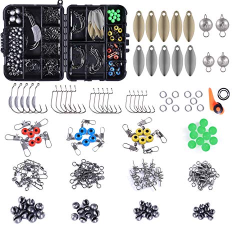 PLUSINNO 156pcs Fishing Accessories Kit, Including Jig Hooks, Bullet Bass Casting Sinker Weights, Different Fishing Swivels Snaps, Sinker Slides, Fishing Line Beads, Fishing Set with Tackle Box