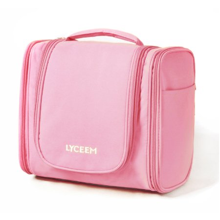LYCEEM 3 Space Hanging Toiletry Bag Travel Organizer Dopp Kit Pink