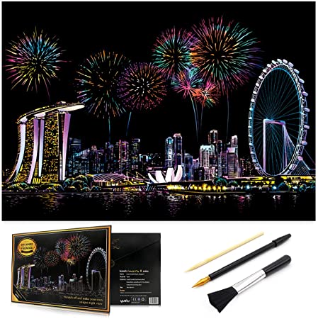 MUGIT Scratch Art Rainbow Painting Paper, Sketch Pad DIY Night View Scratchboard for Kids & Adults, Engraving Art & Craft Set, Scratch Painting Creative Gift, 16'' x 11.2'' with 3 Tools (Singapore)