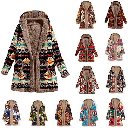 Womens Winter Warm Jackets Vintage Floral Print Fleece Lined Plus Size Hooded Overcoat