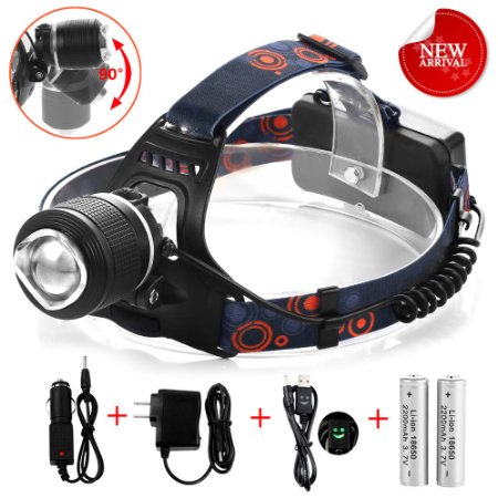 Zoomable LED Headlamp 3 Modes Water-Resistant LED Head Lights with 2 Pcs 18650 Rechargeable BatteriesWall ChargerCar Charger USB Cable for Camping Biking Hunting Fishing Outdoor Sports Black