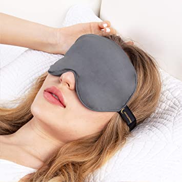 Sleepymoon Bamboo Weighted Sleep Eye Mask with Glass Beads Cooling Unscented for Sleeping Travel Yoga, Grey, Adjustable Strap, with Pouch Gift Set, for Kids Women Men
