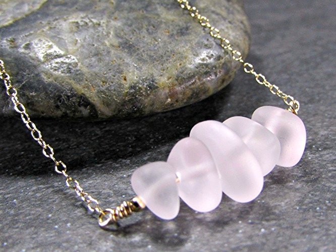 Blush Pink Sea Glass Nugget and 14K Gold Filled Bar Necklace / Beach Glass Jewelry