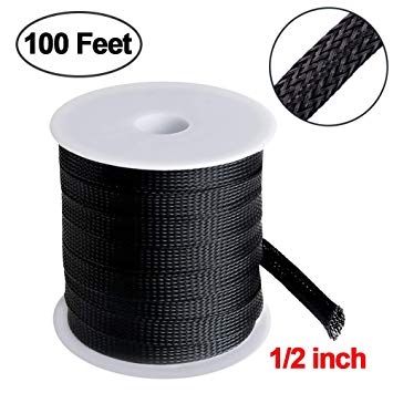 100ft -1/2 inch Flexible PET Expandable Braided Cable Sleeve, Premium Wires Sleeving Management and Organizer, Protector for TV, Audio, PC, and Other Home or Office Device Cords by MILAPEAK, Black