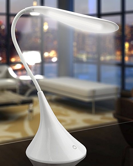 iZoom LED Swan Light Desk and Table Lamp, Flexible Gooseneck, USB and Battery Operated, 3 Way Touch Dimmer, 120 Lumens, White - Ideal for Reading, Writing, Studying and Crafts