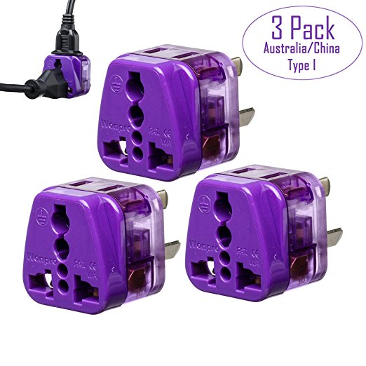 Australia Adapter by Yubi Power 2 in 1 Universal Travel Adapter with 2 Universal Outlets - Grounded - Built in Surge Protector - Plug Type I for Australia , & More! - 3 Pack Adapter - Purple