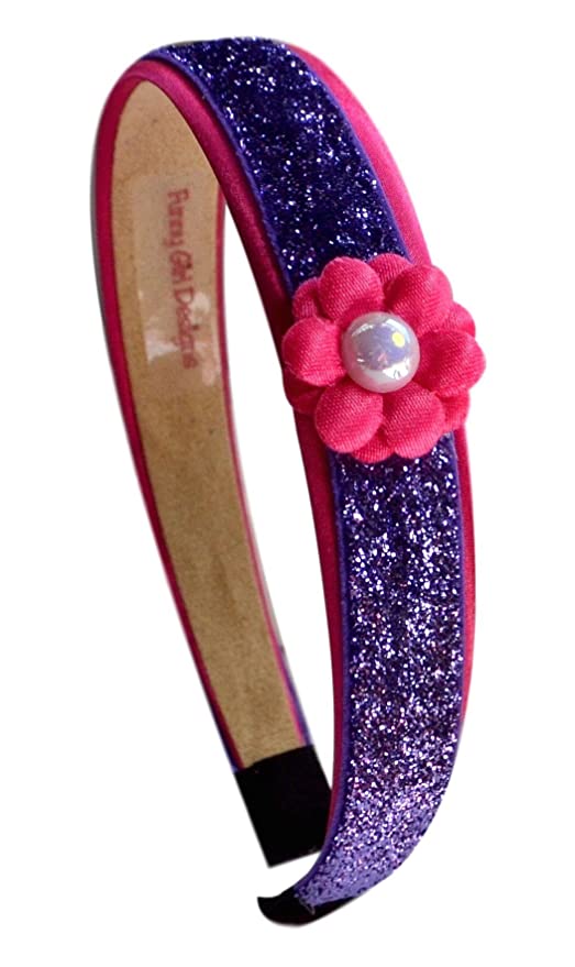 Purple Glitter Headband with Pink Daisy Flower for Preschoolers and Little Girls By Funny Girl Designs