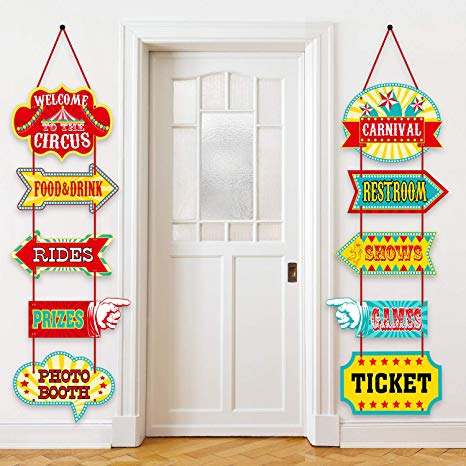 Blulu Carnival Decorations, Laminated Circus Carnival Signs Circus Theme Party Signs Carnival Party Supply Decor Paper Cutouts with 2 Ribbons and Glue Point Dots (Style A)