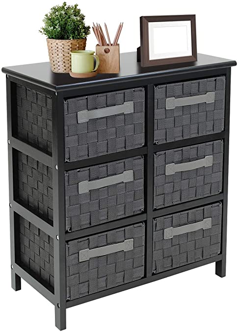 Sorbus 6-Drawer Storage Wooden Chest Nightstand End Table with Woven-Strap Fabric Basket Bins Drawers, Great Storage Solution for Home, Bedroom, Closet, Bathroom Organization Décor (6-Drawer, Gray)